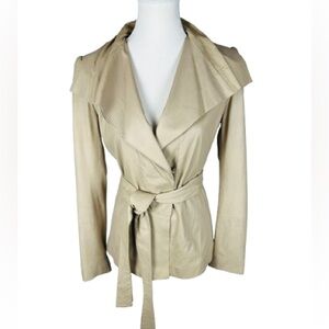 Elie Tahari Leather Jacket. Tan with Tied Belted Waist Size XS